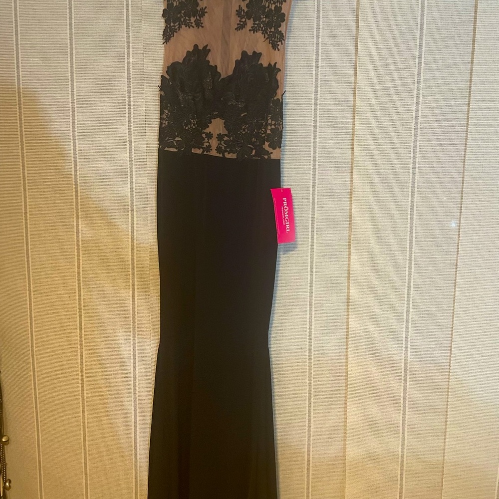 Black formal dress. Lace covers front areas but the back is mostly sheer.